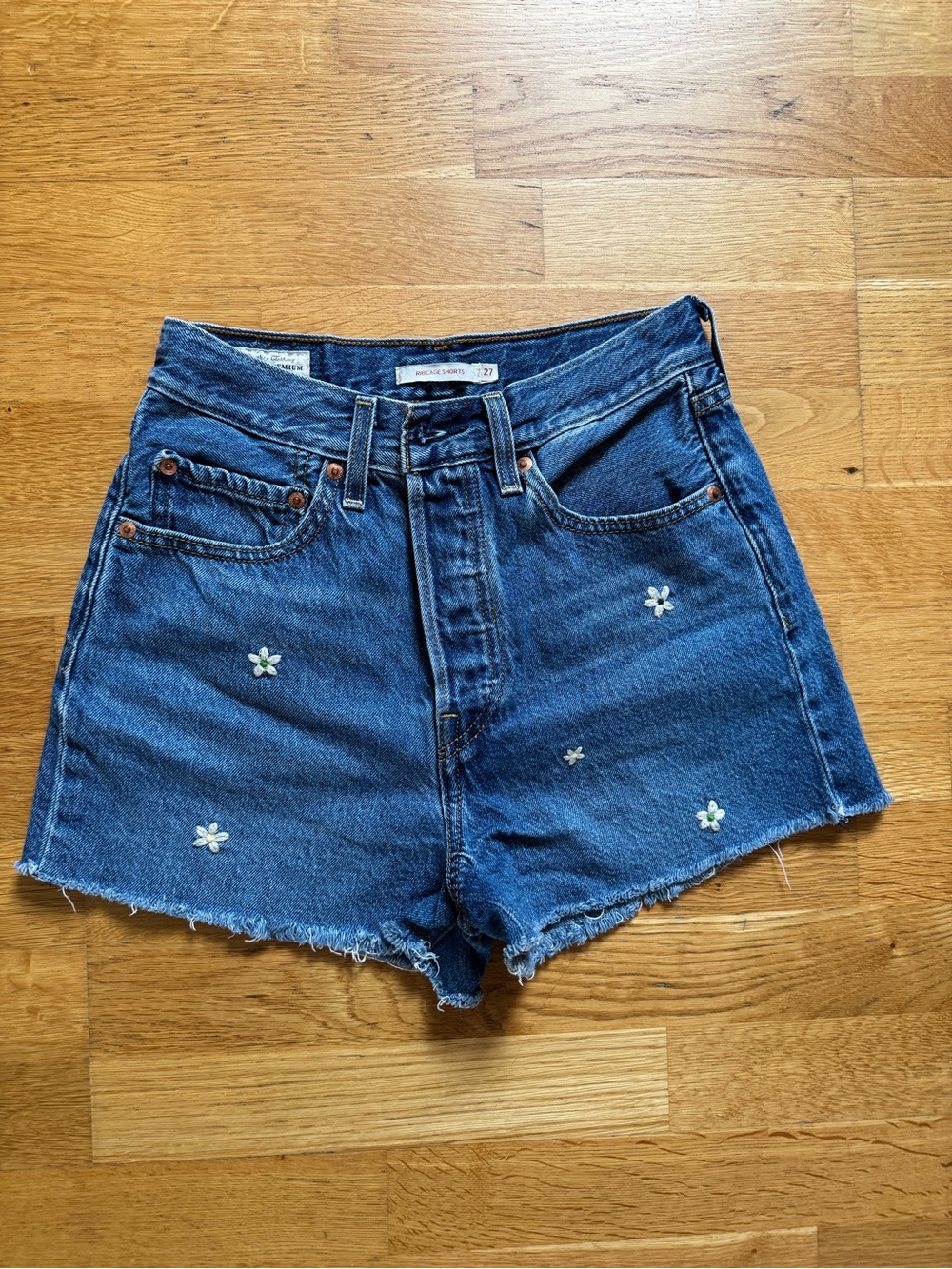 Levi's Blue Denim Daisy Embroidered High-Rise Shorts